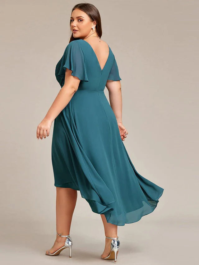 Plus Size Double V-Neck Chiffon Midi Wedding Guest Dress