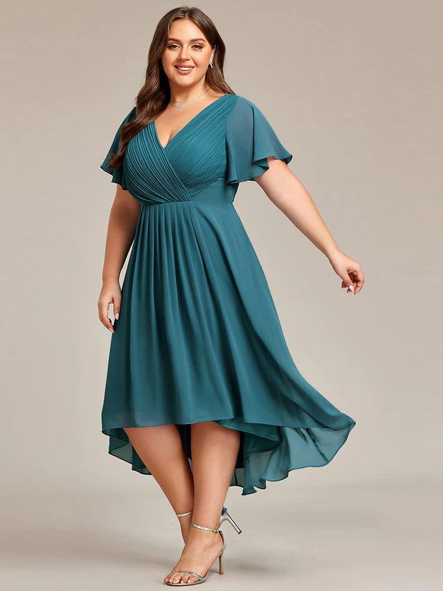 Plus Size Double V-Neck Chiffon Midi Wedding Guest Dress