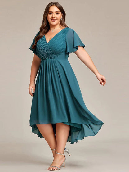 Plus Size Double V-Neck Chiffon Midi Wedding Guest Dress