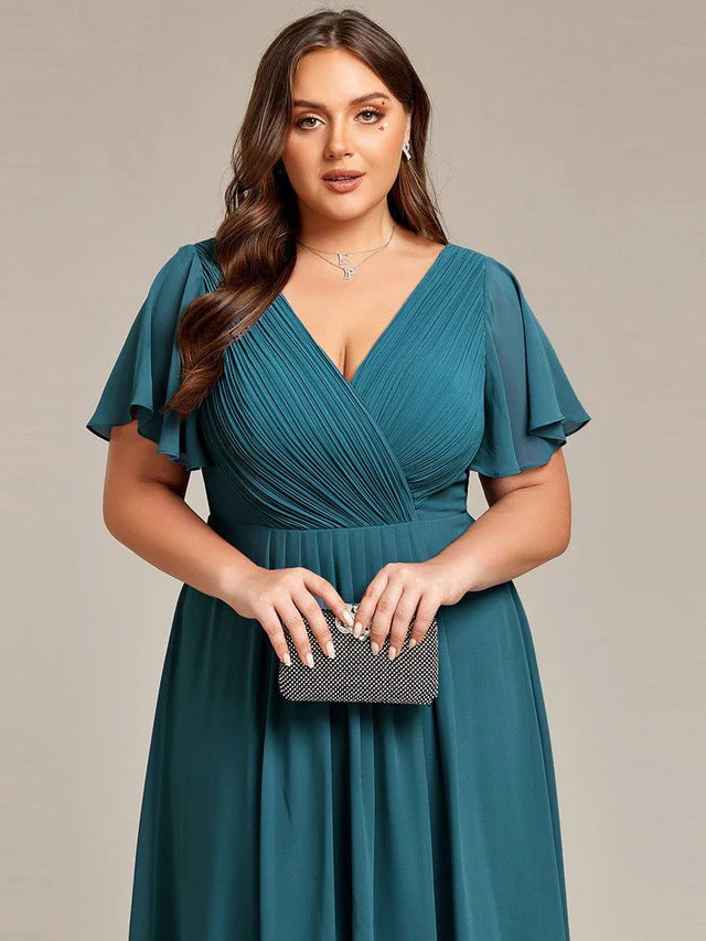 Plus Size Double V-Neck Chiffon Midi Wedding Guest Dress