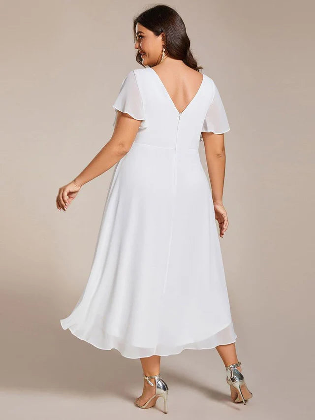 Plus Size Double V-Neck Chiffon Midi Wedding Guest Dress