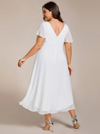 Plus Size Double V-Neck Chiffon Midi Wedding Guest Dress
