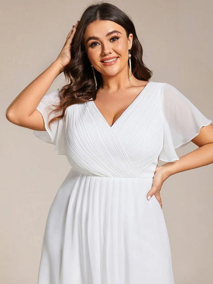 Plus Size Double V-Neck Chiffon Midi Wedding Guest Dress