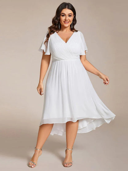Plus Size Double V-Neck Chiffon Midi Wedding Guest Dress