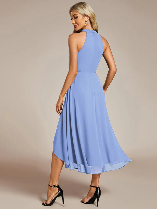 Halter Neck Chiffon A-Line Midi Wedding Guest Dress