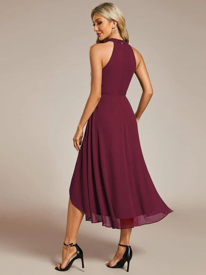 Halter Neck Chiffon A-Line Midi Wedding Guest Dress