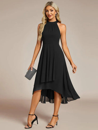 Halter Neck Chiffon A-Line Midi Wedding Guest Dress