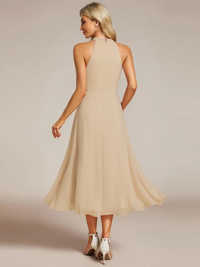 Halter Neck Chiffon A-Line Midi Wedding Guest Dress