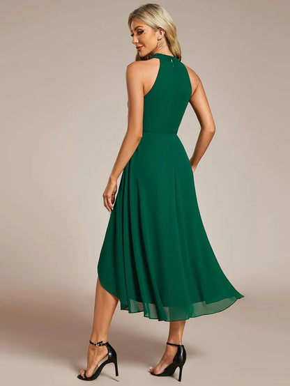Halter Neck Chiffon A-Line Midi Wedding Guest Dress