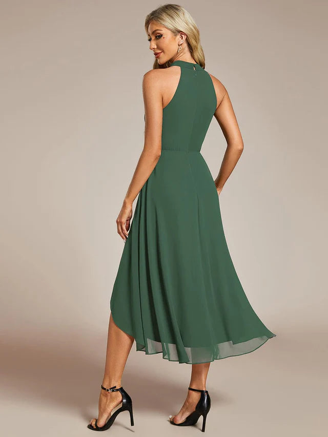 Halter Neck Chiffon A-Line Midi Wedding Guest Dress
