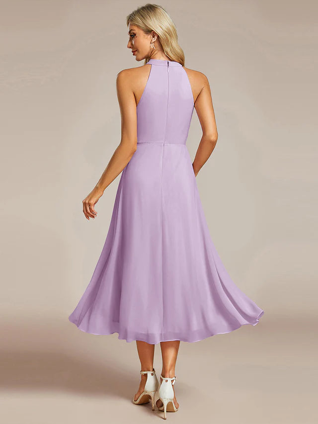 Halter Neck Chiffon A-Line Midi Wedding Guest Dress