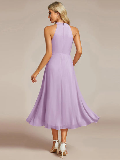 Halter Neck Chiffon A-Line Midi Wedding Guest Dress