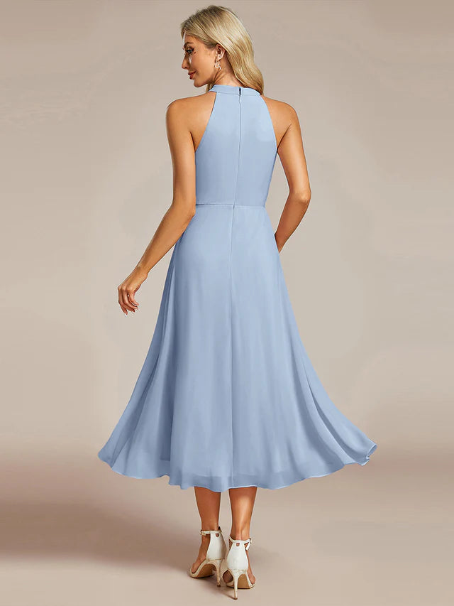 Halter Neck Chiffon A-Line Midi Wedding Guest Dress