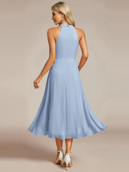Halter Neck Chiffon A-Line Midi Wedding Guest Dress