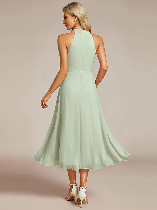 Halter Neck Chiffon A-Line Midi Wedding Guest Dress