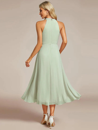 Halter Neck Chiffon A-Line Midi Wedding Guest Dress