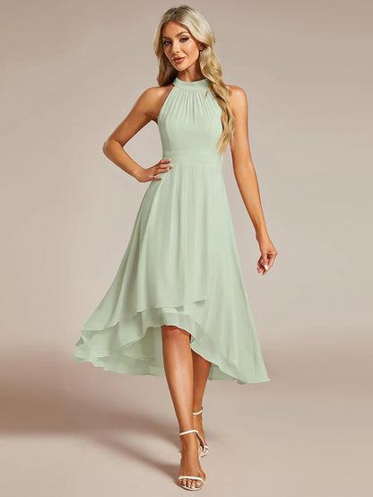 Halter Neck Chiffon A-Line Midi Wedding Guest Dress
