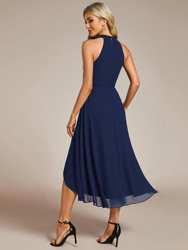 Halter Neck Chiffon A-Line Midi Wedding Guest Dress