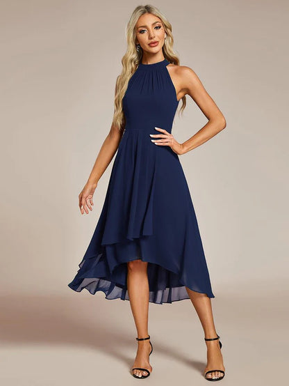 Halter Neck Chiffon A-Line Midi Wedding Guest Dress