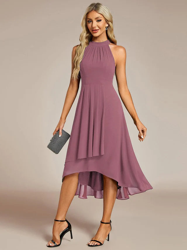 Halter Neck Chiffon A-Line Midi Wedding Guest Dress
