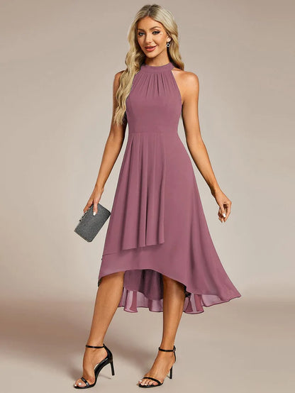 Halter Neck Chiffon A-Line Midi Wedding Guest Dress