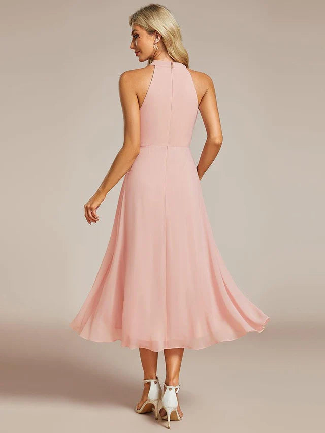 Halter Neck Chiffon A-Line Midi Wedding Guest Dress