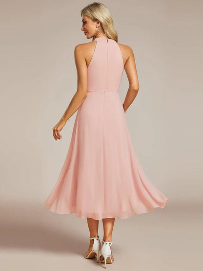 Halter Neck Chiffon A-Line Midi Wedding Guest Dress
