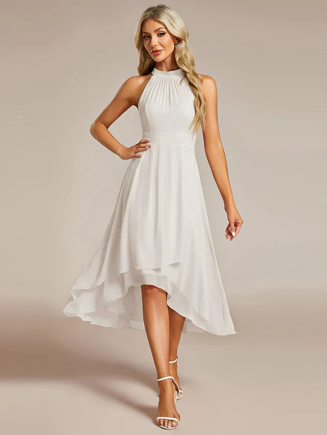 Halter Neck Chiffon A-Line Midi Wedding Guest Dress