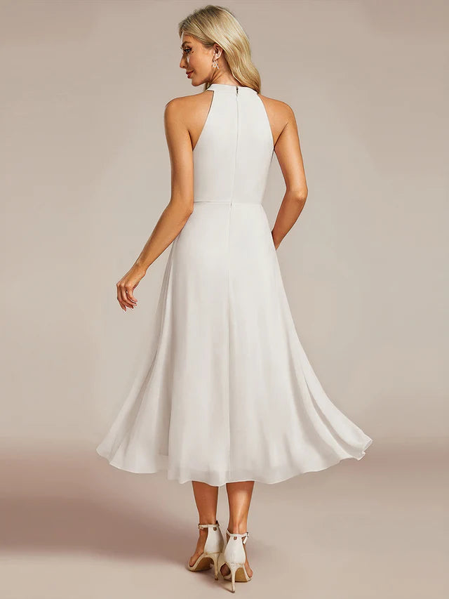 Halter Neck Chiffon A-Line Midi Wedding Guest Dress