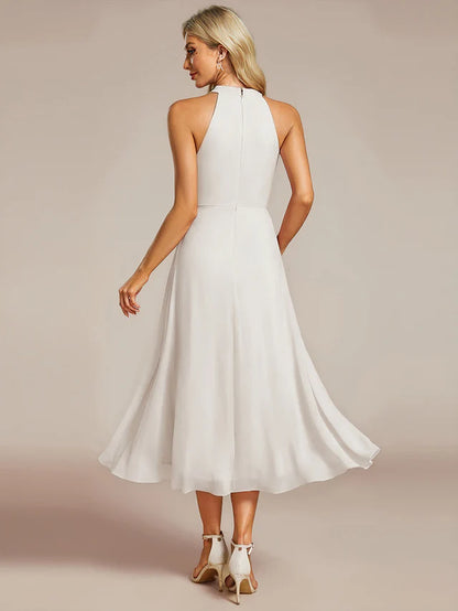 Halter Neck Chiffon A-Line Midi Wedding Guest Dress