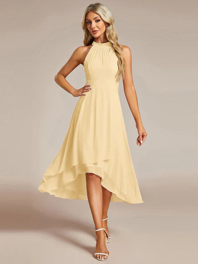 Halter Neck Chiffon A-Line Midi Wedding Guest Dress