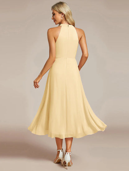 Halter Neck Chiffon A-Line Midi Wedding Guest Dress
