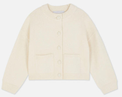 Damen Kurze Strickjacke mit Rundhalsausschnitt Knopfverschluss Zwei Taschen und Gerippten Bündchen