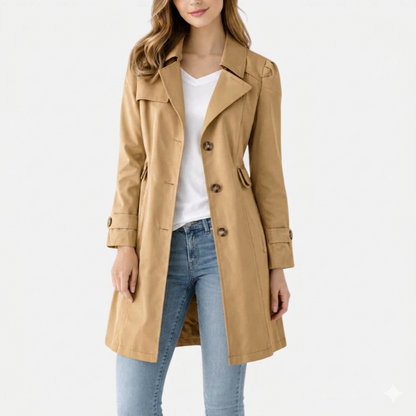 Trench Coat Womens Knee Length Button Up Lapel Collar Lightweight