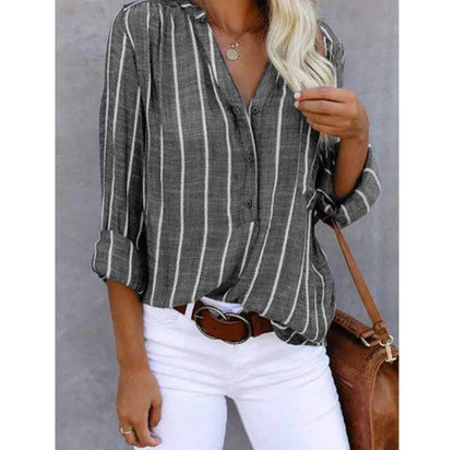 Striped Casual Blouse with Convertible Roll-Up Sleeves
