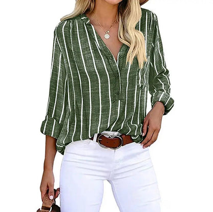 Striped Casual Blouse with Convertible Roll-Up Sleeves