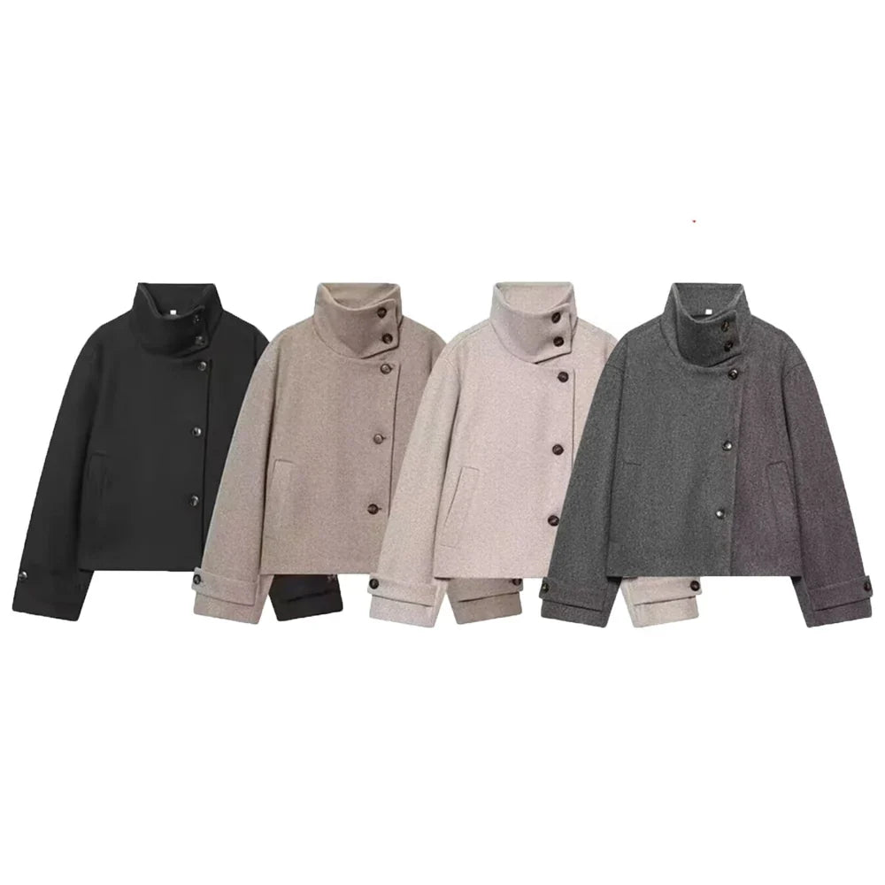 Jacket Women - Wool Blend Cropped Jacket with Buckle Collar