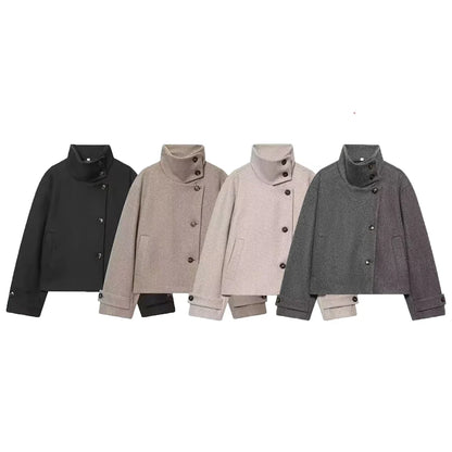 Jacket Women - Wool Blend Cropped Jacket with Buckle Collar