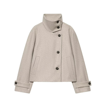 Jacket Women - Wool Blend Cropped Jacket with Buckle Collar
