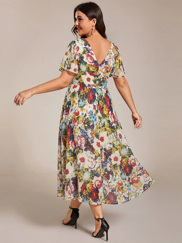 Plus Size Double V-Neck Chiffon Midi Wedding Guest Dress