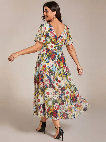 Plus Size Double V-Neck Chiffon Midi Wedding Guest Dress