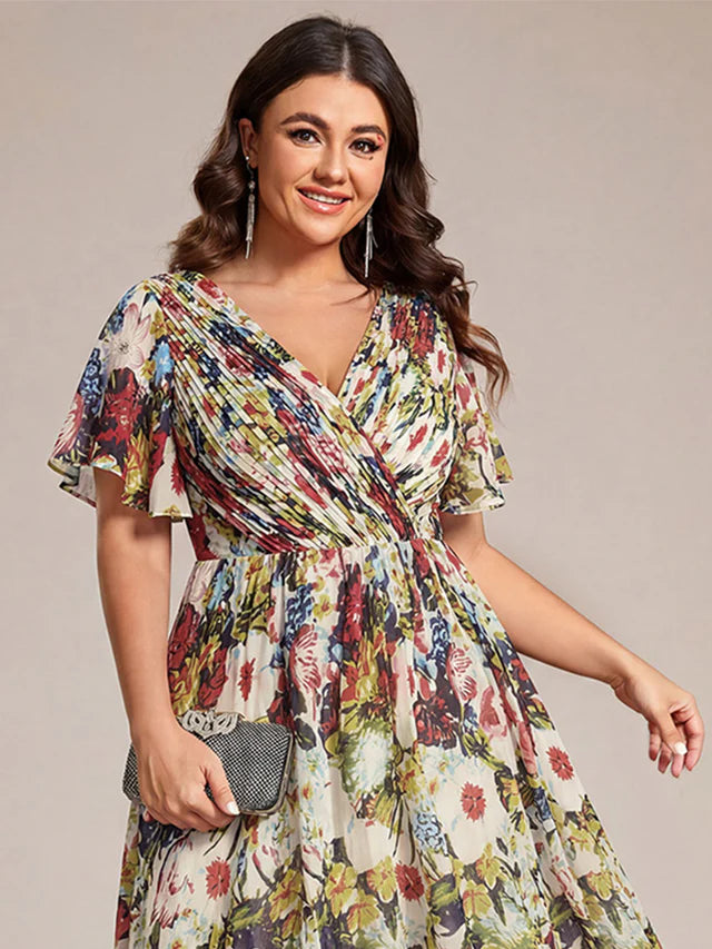 Plus Size Double V-Neck Chiffon Midi Wedding Guest Dress