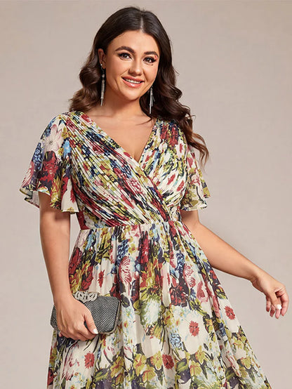 Plus Size Double V-Neck Chiffon Midi Wedding Guest Dress