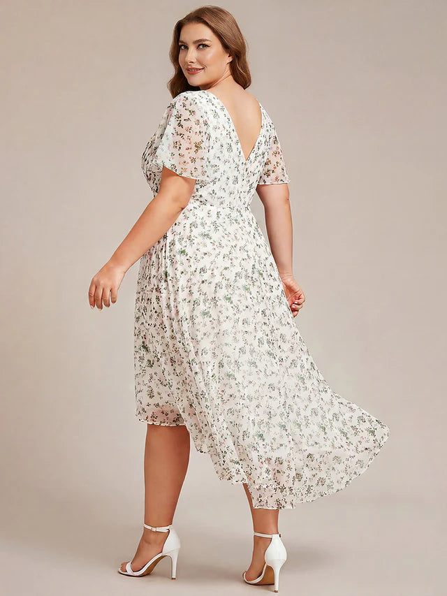 Plus Size Double V-Neck Chiffon Midi Wedding Guest Dress