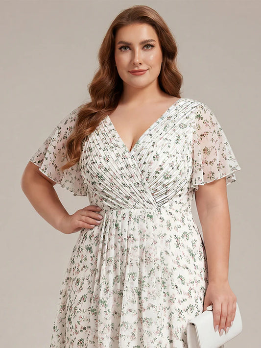 Plus Size Double V-Neck Chiffon Midi Wedding Guest Dress