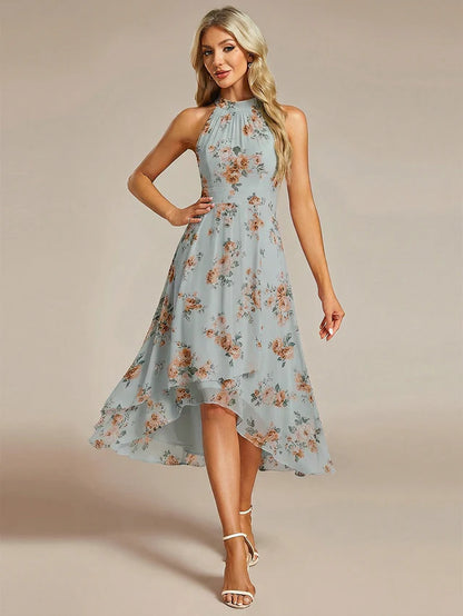 Halter Neck Chiffon A-Line Midi Wedding Guest Dress