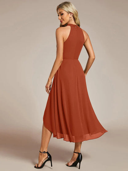 Halter Neck Chiffon A-Line Midi Wedding Guest Dress