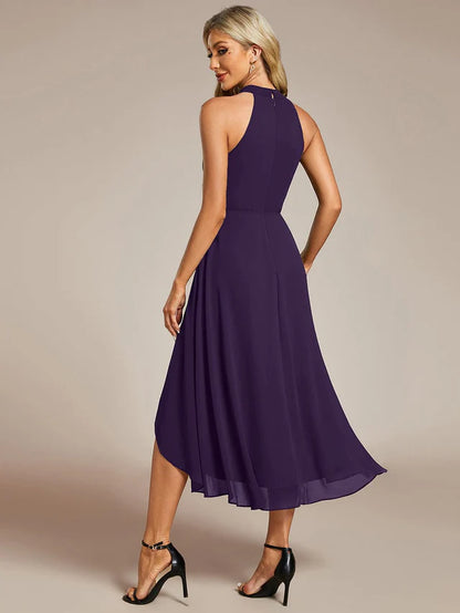 Halter Neck Chiffon A-Line Midi Wedding Guest Dress