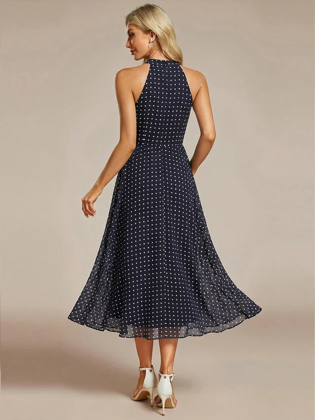 Halter Neck Chiffon A-Line Midi Wedding Guest Dress