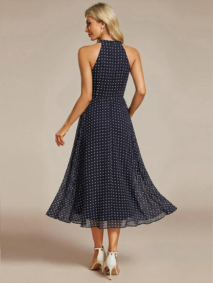Halter Neck Chiffon A-Line Midi Wedding Guest Dress